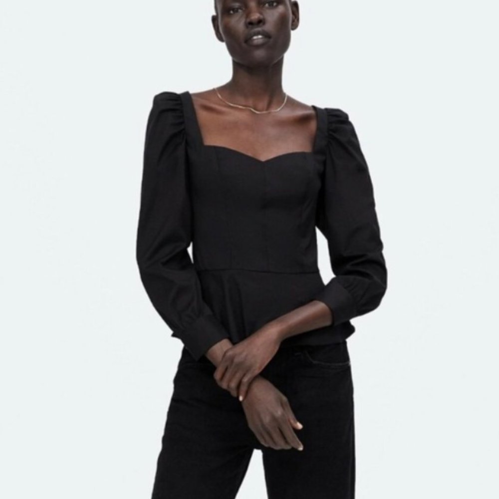 Zara Woman | Black Peplum Top Sweetheart Neckline Puff Sleeve Blouse Size M